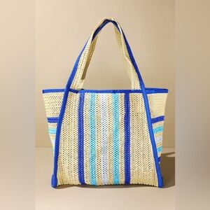Natural Straw Tote With Multi Color Stripes|Cobalt